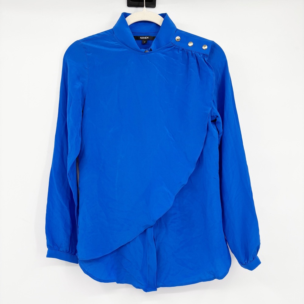 Naven Womens Cobalt Blue 100% Silk Asymmetrical Draped Mock Neck Blouse Size 0